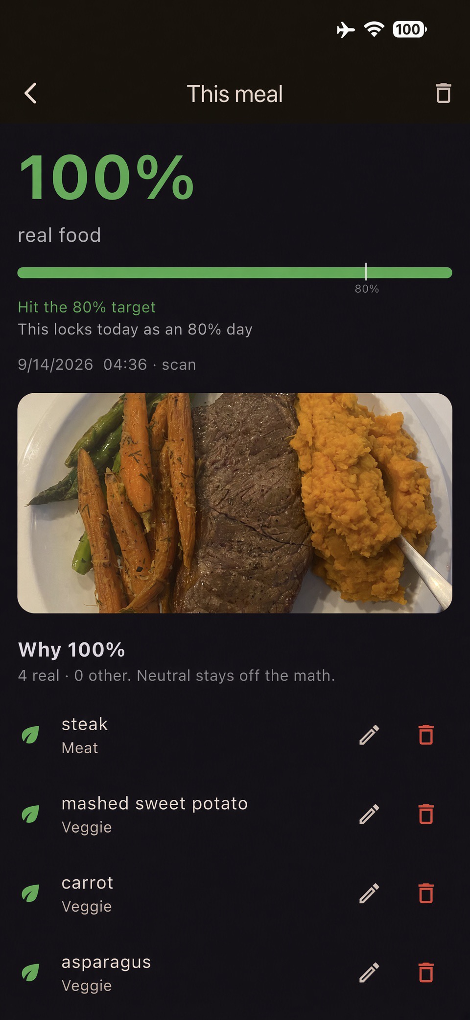 RFP app meal score: 100% real food — steak, sweet potato, carrot, asparagus